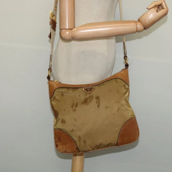 PRADA Shoulder Bag Nylon Leather Beige Gold Auth 140625 - Picture 1 of 16